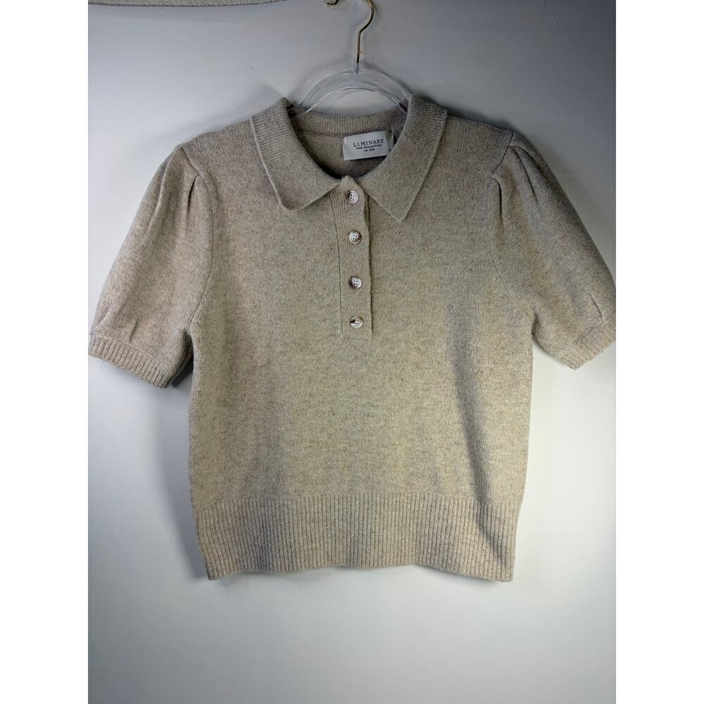 Luminary Fine Collection Collared Short Sleeve Beige Sweater Button Up Medium